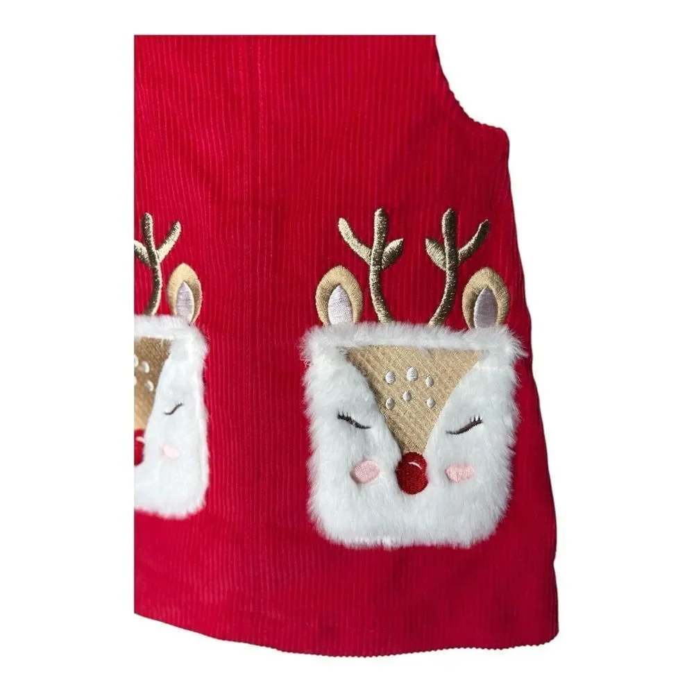 NWT Little Lass Red Corduroy Dress with Reindeer Pockets 12mos Christmas holiday